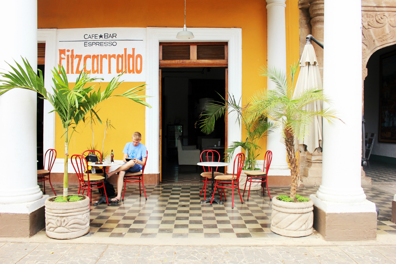 Luke outside cafe fitz in Granada Nicaragua