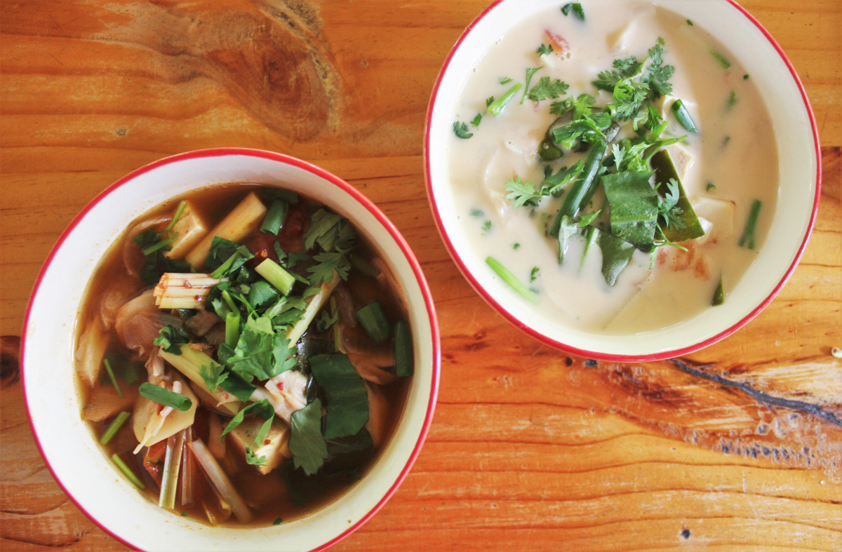 Thai coconut soup and Tom Yum soup at Thai Farm Cooking Class