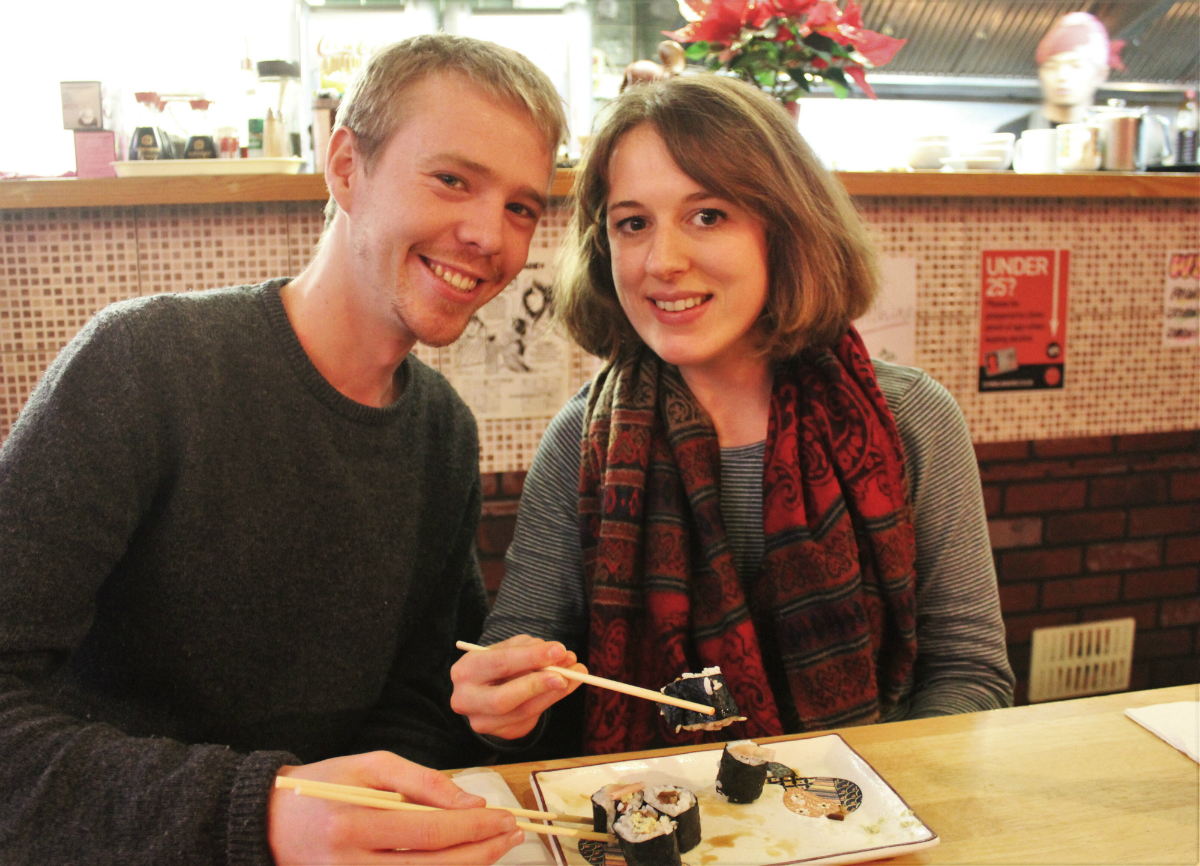 Charlie and Luke eat vegan sushi for vegan travel challenge Veganuary Week 1 - Charlie on Travel