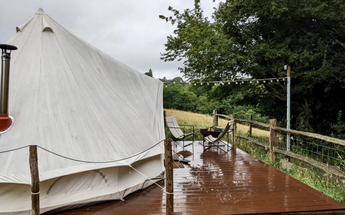 Bell tent glamping accommodation at Tillingham vineyard near Rye, East Sussex