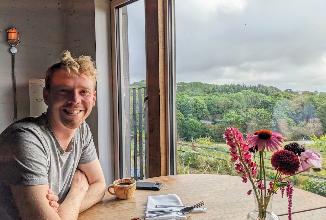Luke eating breakfast at Tillingham vineyard restaurant in Rye, East Sussex