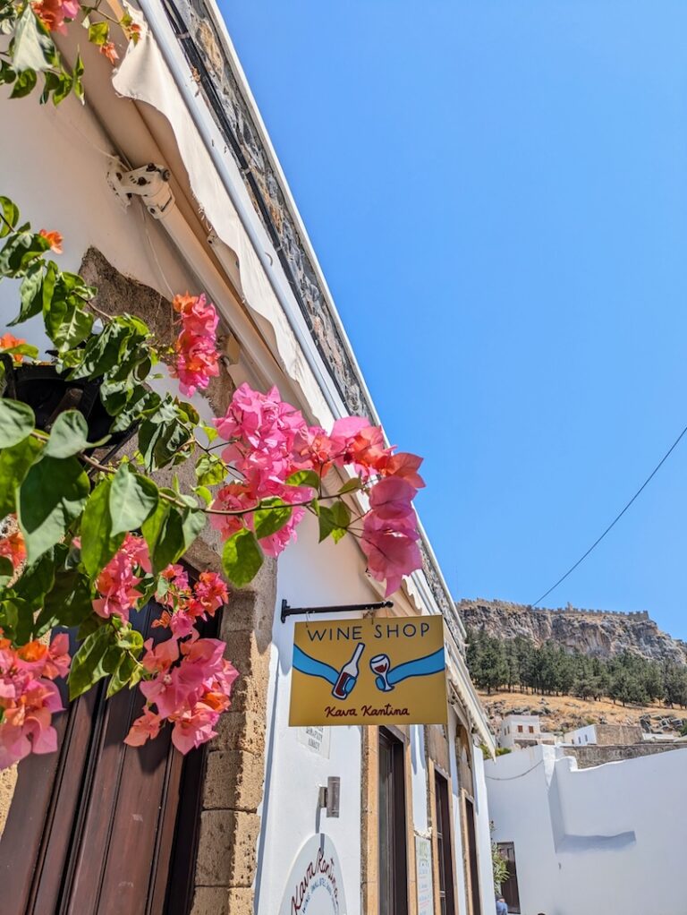 Street-side seating outside Kava Kantina wine bar in Lindos, Rhodes