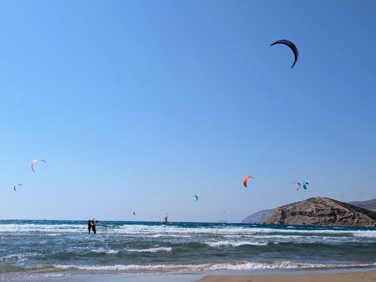 Kitesurfers on the sandbar at Prasonisi at the southern tip of Rhodes