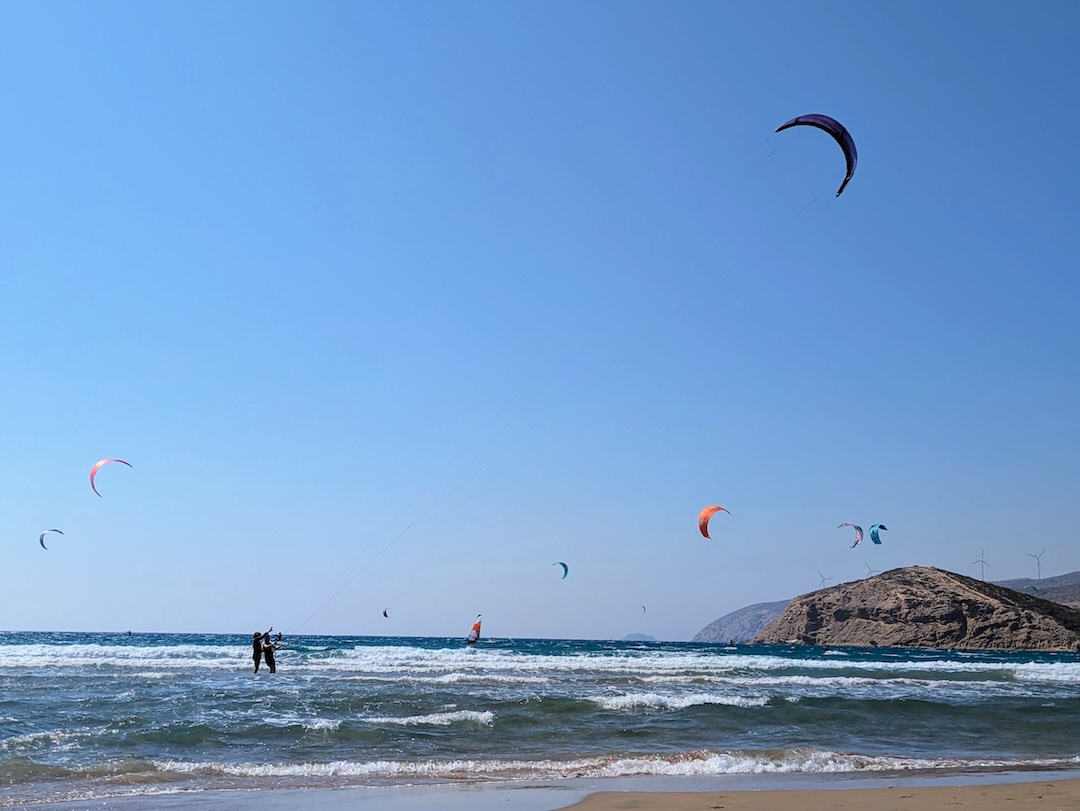 Kitesurfers on the sandbar at Prasonisi at the southern tip of Rhodes