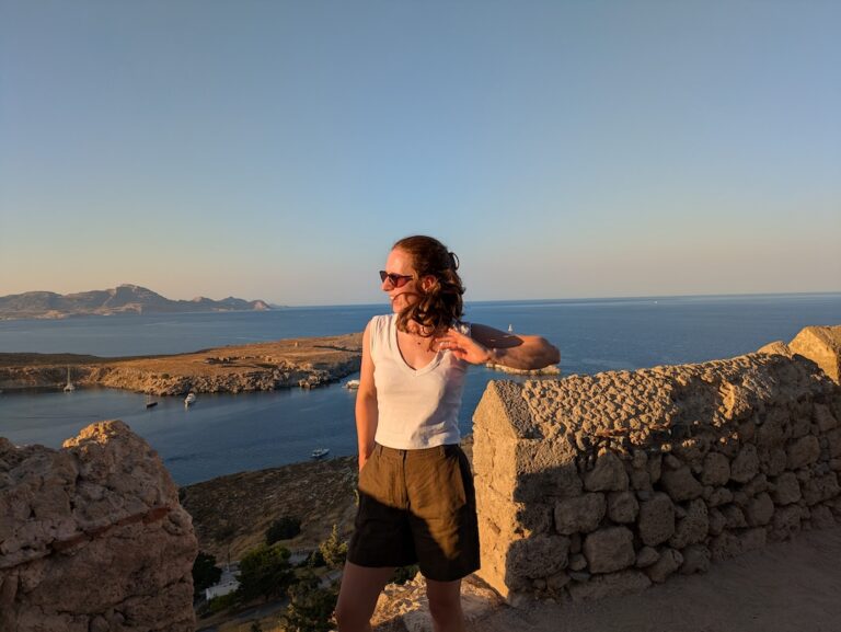 Golden hour views over Lindos village from the Acropolis, Rhodes