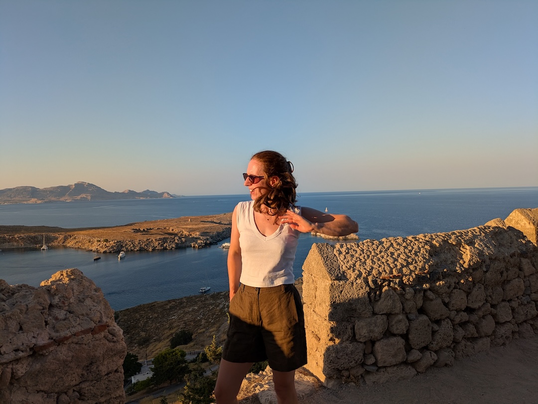 Golden hour views over Lindos village from the Acropolis, Rhodes