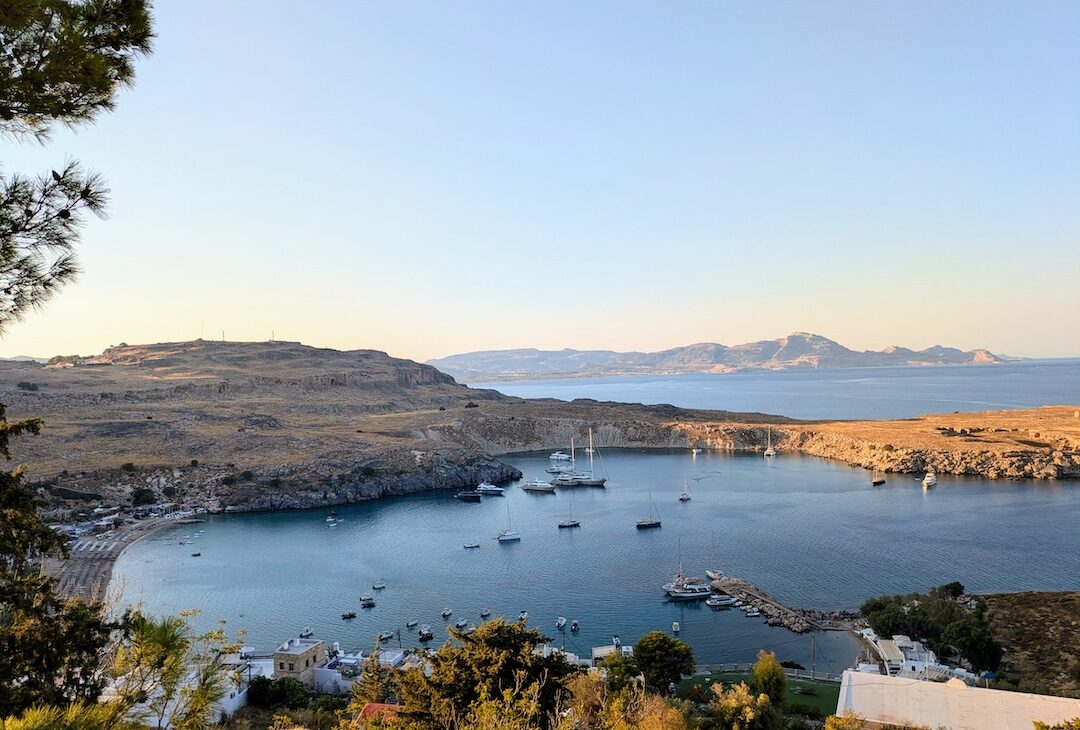 The sandy bay at Lindos, Rhodes, seen from the hillside above the village